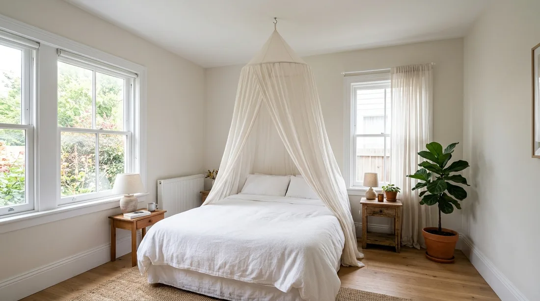 Runder Baldachin hängt an einem einzelnen Deckenhaken über einem Doppelbett und reicht bis zur Matratze, Höhenabstand zwischen Decke und Bett im Schlafzimmer sichtbar