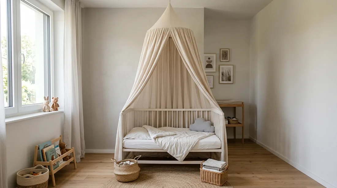 Runder Baldachin über einem Kinderbett in einem hellen Kinderzimmer