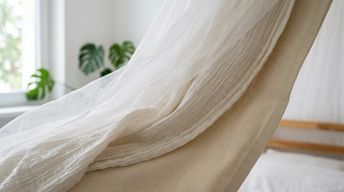 Nahaufnahme mehrerer heller Vorhangstoffe in Voile, Musselin und Baumwolle